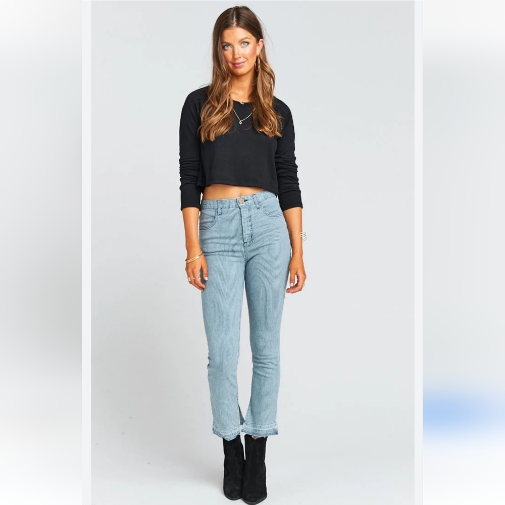 Show Me Your Mumu Blue Brooklyn Pants Jeans High Waist Pin Striped Cropped 30